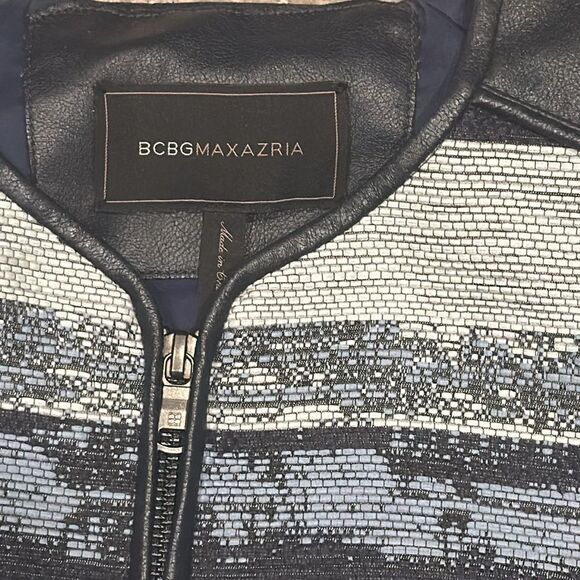 BCBG BCBGMAXAZRIA Nixon Moto Stripe Leather Trim Cropped Jacket Suit Blue XS - Picture 3 of 7